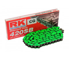 Cadena RK sin retén 420SB/130 Verde Fluor abierta con enganche de clip